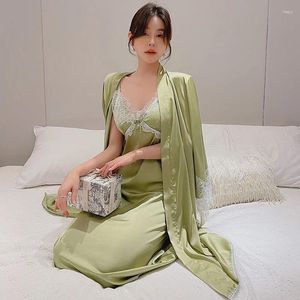 Accueil Vêtements dentelle Fleur Swey Ladies Robe Robe Suit Sexy V-Neck Night Dress Printemps Automne Faux Silk Pyjamas Robe intime