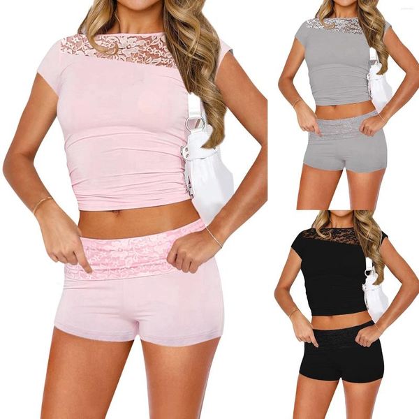 Ropa para el hogar encaje mosa de mesh sexy mujer de dormir mujeres lindo color sólido manga corta de manga delgada de pijama