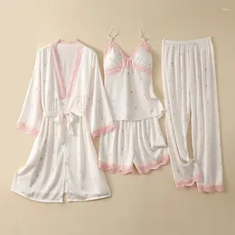 Accueil Vêtements Dentelle Patchwork Pyjamas 4 pièces Pyjamas ensemble printemps vêtements Pour Femme vêtements de nuit femmes peignoir chemise de nuit vêtements de nuit amples