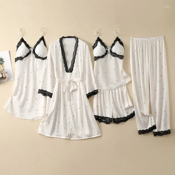 Inicio Ropa Ropa de dormir con adornos de encaje Conjunto de pijamas de verano para mujer, 5 uds., kimono de satén de seda, bata de baño, camisón informal, pijama sexy, ropa de traje