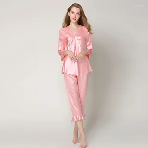 Home kleding dames zijden satijn nachtkleding set kanten pyjama's v-neck pyjama femme solide pijama mode slaapkleding