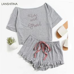 Thuiskleding Lanshitina High Low Top en Frill Hem shorts Pyjama Set Women Letter Two Piece 2024 Gray Boat Neck Long Sleeve