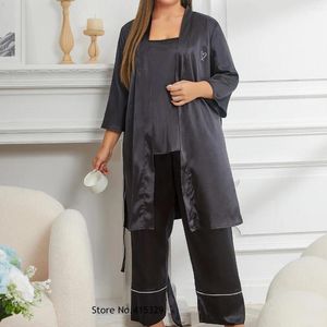 Huiskleding groot formaat 3xl 4xl nachtkleding vrouwen slaapkleding satijn balck kleding driedelige set pyjama's sexy cmaipantbathrobe loungewear