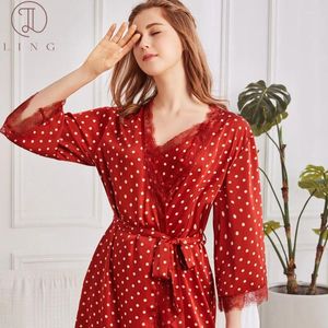 Vêtements à domicile Ling Robes sets Silk Satin Sweetwear Sleepwear Mabots Polka Dot Pyjama Robe Sleep Shirts Night