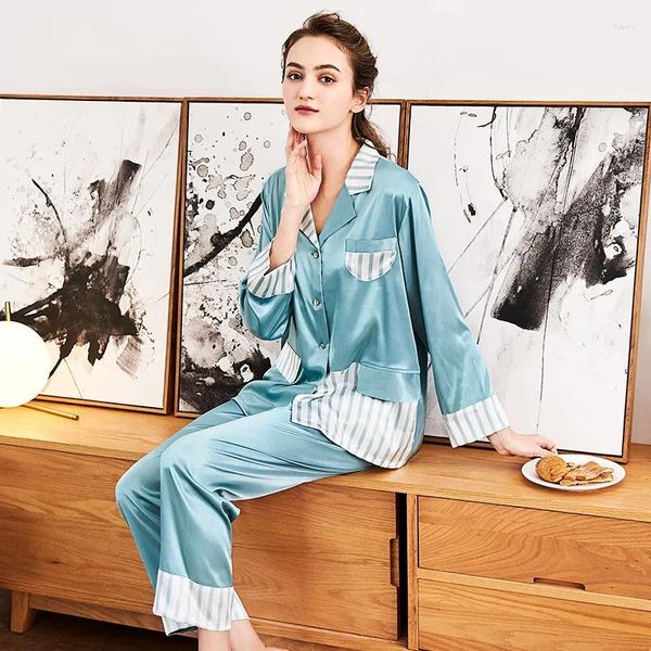 Vêtements à domicile à manches longues pour femmes Pyjama Set Silk Solide avec pantalon Loose femme Lingeries sous-vêtements