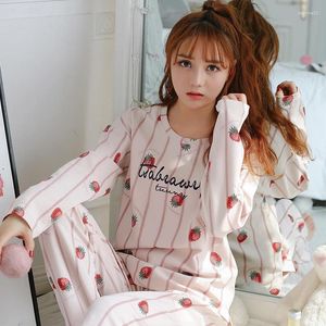 Thuiskleding Lange mouwen Tops broek Pyjama Sets Autumn Cotton Dames Strawberry Striped Pyjama Sweet Girl Sleepwear Loungewear Femme