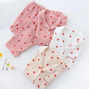 Home Clothing Love Heart Print Pyjama Sets printemps d'été Coton Gauze à manches longues Pant