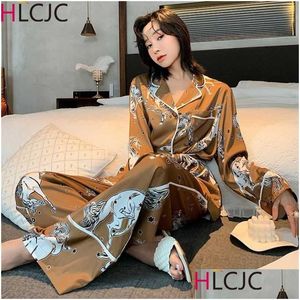 Thuis Kleding Luxe Vrouwen Pyjama Set Nachtkleding Winter Lange Mouw Pijamas Mujer Sexy Lingerie Nachtkleding Zijde Satijn Pyjama Femme W Dhnke