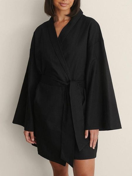 Accueil Vêtements Marthaqiqi Lâche Dames Peignoir Sexy Col en V Vêtements De Nuit À Manches Longues Chemises De Nuit À Lacets Robe Mini Robe Coton Femme Vêtements De Nuit