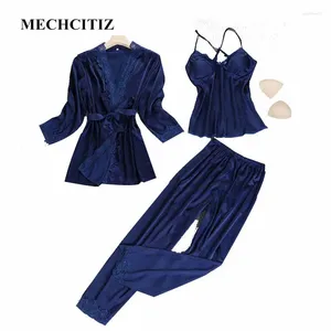 Home kleding mechcitiz 2024 herfst dames pyjama's set 3 stuks zijden pijama dames pyjamas lounge slijtage slaapkleding sets