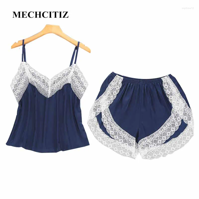 Accueil Vêtements Mechcitiz Fashion Femmes Ladies Sexy Pyjamas Set Lace Underwear Nightwear Satin Swear Strap Verte Tob Shorts 2 pièces