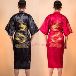 Ropa casera hombres bordado de casa dragon kimono bata de bañera vestida de satén satin