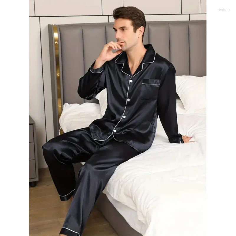 Pijama masculino de roupas de casa Conjunto de seda Setin Sleepwear roupas de cabeceira de manga comprida macho terno macho loungewear lazer Big Size Sleepsuit 2pcs/conjunto
