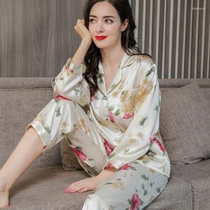 Home Kleding Mulberry Silk Pyjama's Set voor vrouwen 2 stukken Lange mouw Topbroek Pyjama's Gedrukte vrouwelijke huiskleding Sleepwear M-XXL