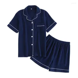 Home Clothing Navy Blue Crape Cotton Pajamas court ensembles Femmes Summer Sexy Pure Couleur Pijamas Mujer Pajamas Lounge Casualwear