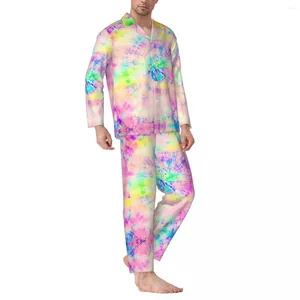 Home Clothing Neon Paint Print Pajamas Male Colorful Tie-Dye Kawaii Bedroom Nightwear Autumn 2 Piece Casual Oversize Printed Set