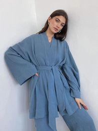 Thuiskleding NHKDSASA Katoen Dames Nachthemd Robe Pyjama Sets Flare Trouser Suits Drop Mouwen Set Woman 2 stuks Badjas