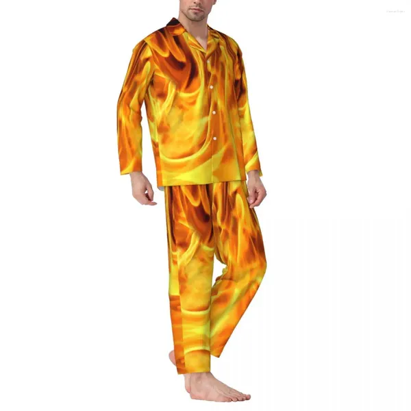 Inicio Ropa Ropa de dormir On Fire Otoño Rojo Fuegos Estampado Casual Suelto de gran tamaño Conjunto de pijamas Hombre Manga larga Diseño romántico Ropa de dormir