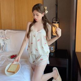 Accueil Vêtements Pyjama Ensembles Femmes Belle Style Coréen D'été Élégant Mince Imprimé Girlish Homewear Doux Femme Lumière Douce Lounge Sling