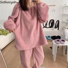 Accueil Vêtements Pyjama Ensembles Femmes Solide Décontracté Pyjama Doux O-cou Lâche Hiver Épaississement Flanelle Lounge Wear Style Coréen Vêtements De Nuit