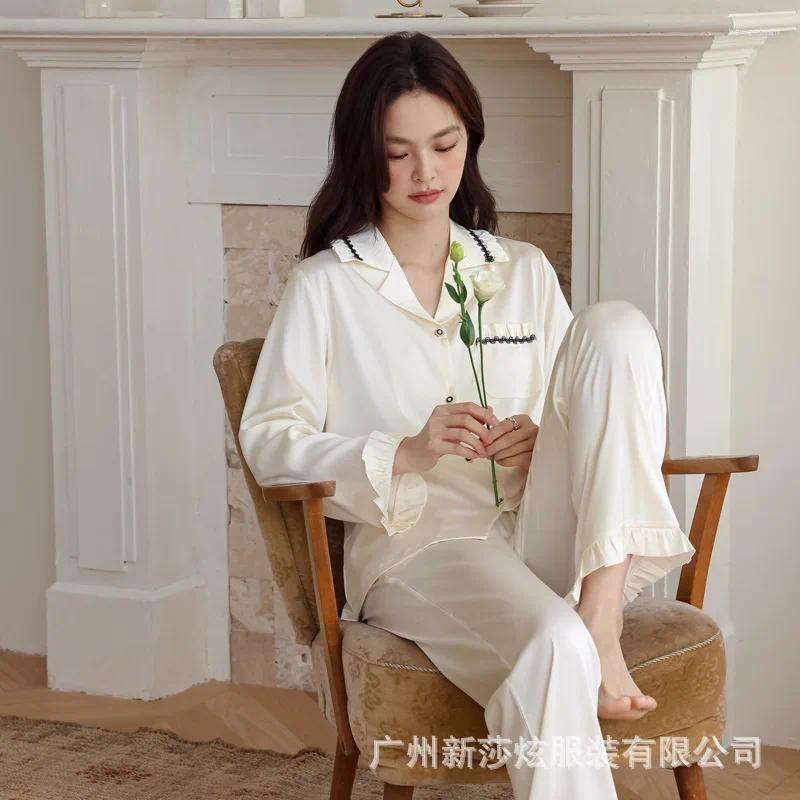 Home Clothing Pajama Women's Spring And Autumn 2024 Ice Silk Long Sleeved Summer Thin High-end Casual Set Lapel Button Style