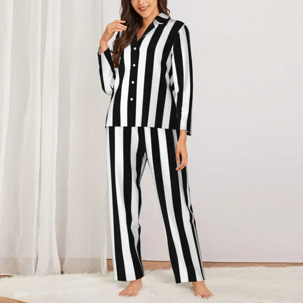 Ropa de casa pijama femenino sala de impresión de rayas vintage sleepwear negros blancos verticales rayas de 2 piezas de pijama traje de gran tamaño