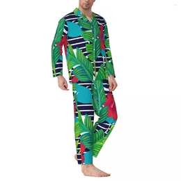 Accueil Vêtements Pyjamas Mâle Drôle Feuilles De Palmier Nuit Vêtements De Nuit Rayures Noires Et Blanches Fleur Rouge Ensemble De Pyjama Deux Pièces Costume Surdimensionné Chaud