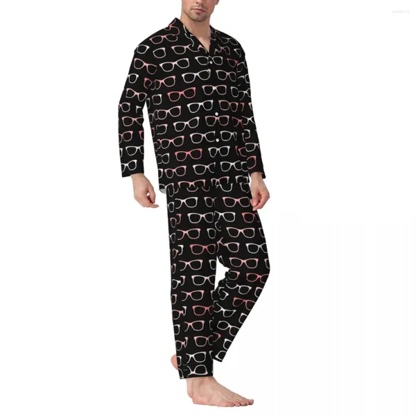 Inicio Ropa Pijamas Hombre Rosa Negro Gafas Ocio Ropa de dormir Gafas Hipster Conjunto de pijama retro de 2 piezas Traje extragrande de manga larga