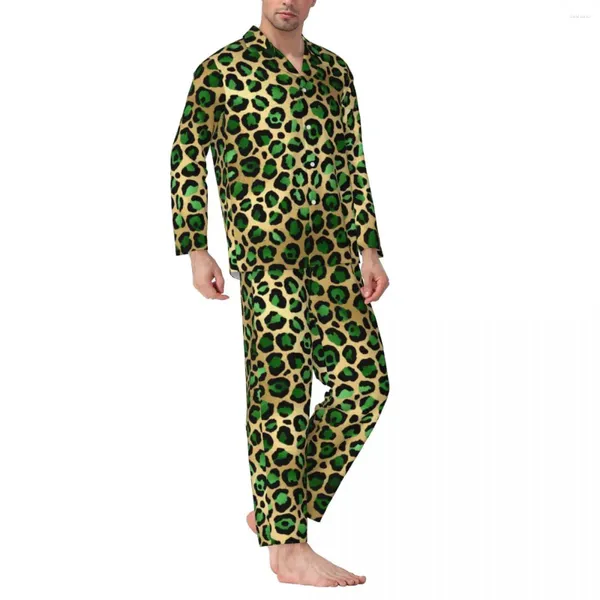 Accueil Vêtements Pyjamas Man Green et Gol Leopard Sleep Dignear Animal fourrure 2 pièces Vintage Pyjama Set à manches longues