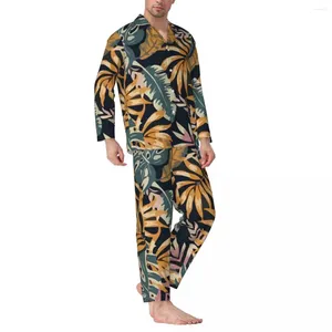 Maison vêtements pyjamas hommes plantes tropicales vêtements de sommeil colorés feuilles deux pièces rétro à manche à manches longues surdimensionnées