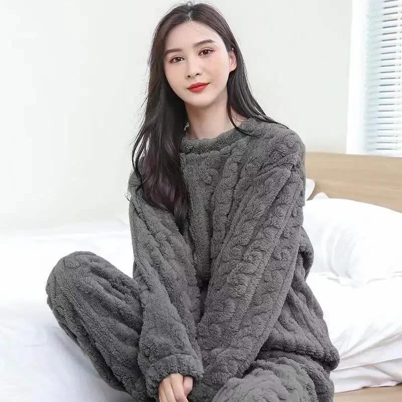 Startseite Kleidung Pyjamas Set Flanell Plüsch Winter Hosen verdicken Herbst warme Nachtwäsche Pyjama Frauen lange Korallen Samt Dame Kleidung Ärmel