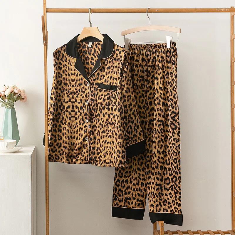 Casa roupas pijamas conjunto lounge wear feminino casual pijamas 2 pçs camisa calças cetim leopardo pijamas roupas lingerie íntima macia