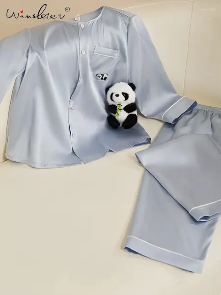 Vêtements à domicile Panda broderie 6a 92% de pyjamas en soie de mûrie de mûrier ensemble pour les garçons mode mignon sleepcoat 2024 printemps été s41902qm