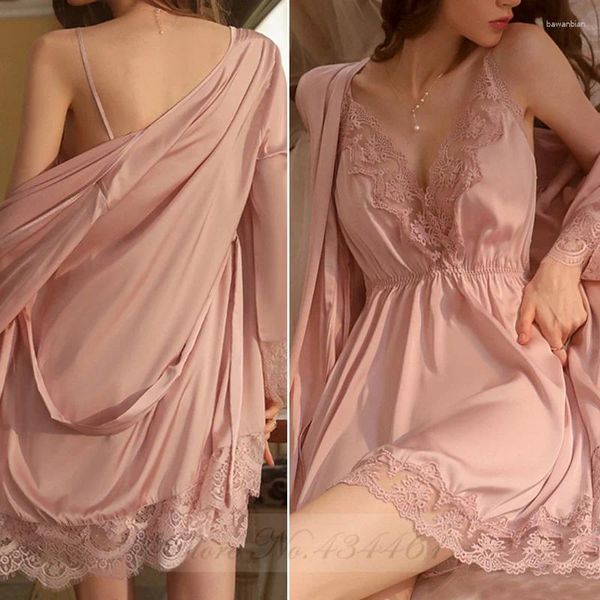 Ropa en el hogar Pink 2pcs Robe Nightgown Juego de camisón sexy