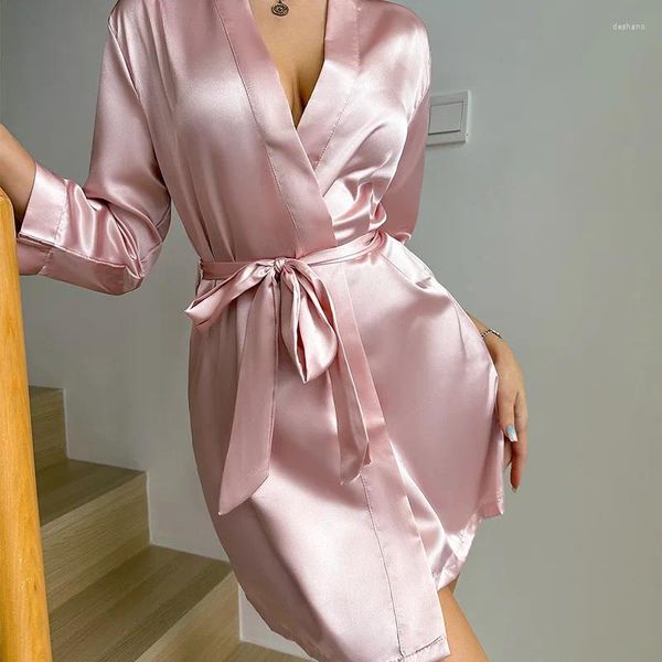 Inicio Ropa Albornoz rosa de media manga, bata de boda para mujer, camisón, ropa de dormir de primavera y verano, camisón, vestido suelto, ropa de descanso