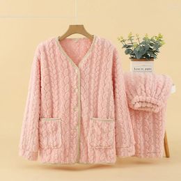 Thuiskleding Roze V-hals flanellen Pyjama's Sets Winter Fleece Dikke lange mouwbroek 2 stks Cardigan Loose Casual Sleepwear
