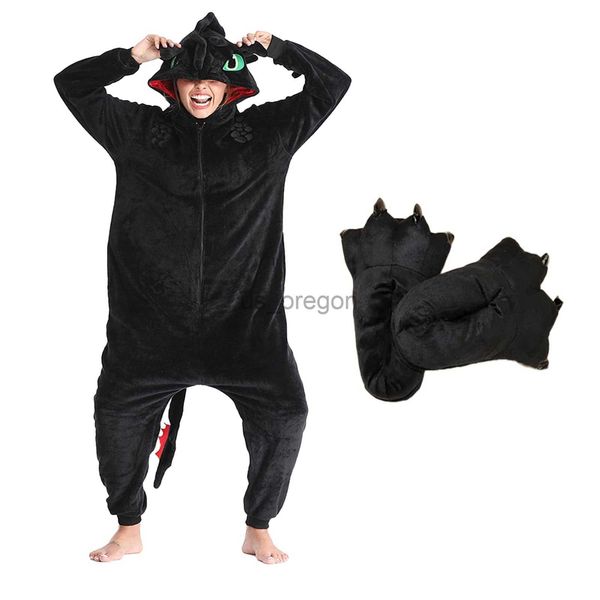 Ropa para el hogar Pjsmen Pijamas sin dientes con zapatos Animal Dragón Tren Traje de franela Invierno Peluche Onesie PJS Cosplay Familia Mujer Adulto x0902