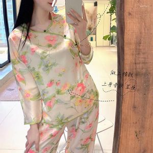 Thuiskledingplant en bloem retro Chinese stijl Ice Silk Pyjama's voor vrouwen met een high-end feel button up lente herfst pullover