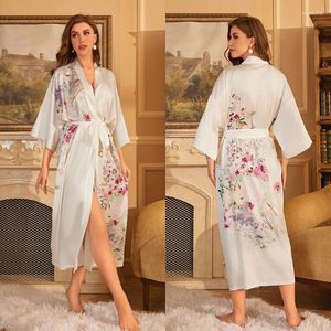 Accueil Vêtements Grande Taille Pyjamas Satin Chemises De Nuit De Luxe En Soie Glacée Imprimé Floral Robe Peignoir Homewear Pour Les Femmes