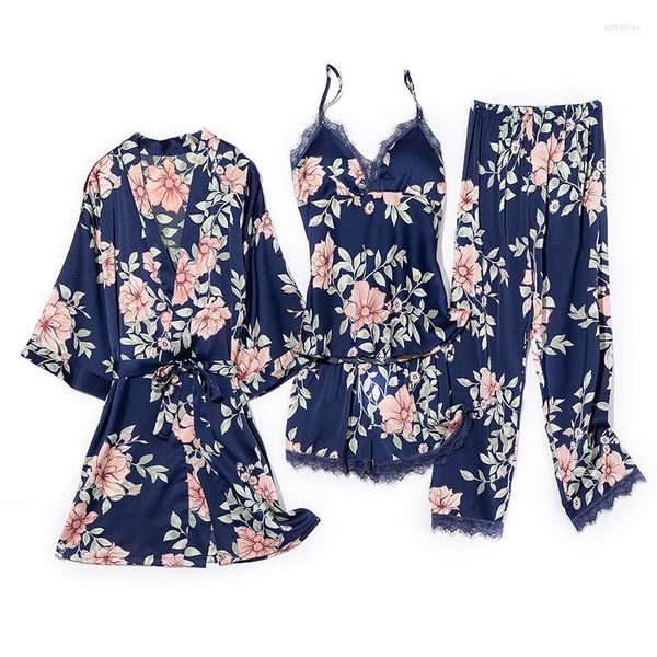 Accueil Vêtements Imprimer Sexy Pyjamas Femme 4 Pièces Ensemble Satin Vêtements De Nuit Printemps Été Pyjama Mince Costume Casual Vêtements De Nuit