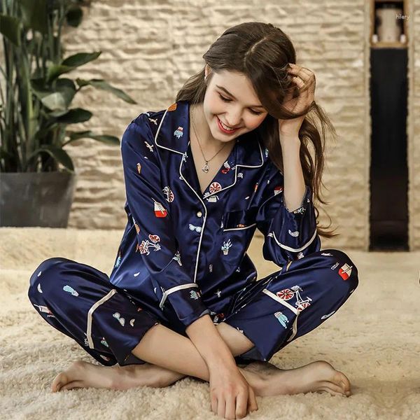 Accueil Vêtements Imprimé Silk Blue Sleeping Pyjamas pour femmes Lingerie décontractée Set Coll-Down Women Womens Pijamas