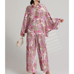 Thuiskledingafdruk Zijde pyjama's voor vrouwen Vintage Blouses Long Sleeve Blouses Top Shirts High Taille Wide Leg Pants 2 -delige sets Satin Pijama's