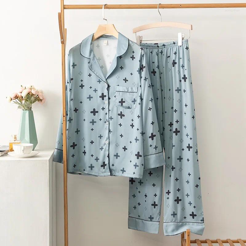 Home Clothing Print Women Pajamas Set Casual Sleepwear 2PCS Shirt&Pants Satin Lounge Wear Intimate Lingeie Soft Clothes Pyjamas
