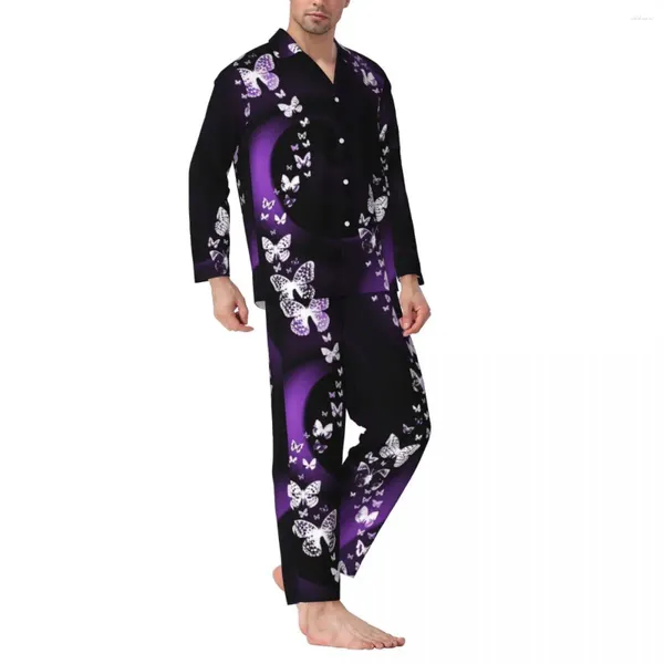 Inicio Ropa Pijamas con Remolino de Mariposa Púrpura para Hombre Estampado Animal Mágico Ropa de Dormir Diaria Cálida Otoño 2 Piezas Pijama Suelto Informal de Gran Tamaño