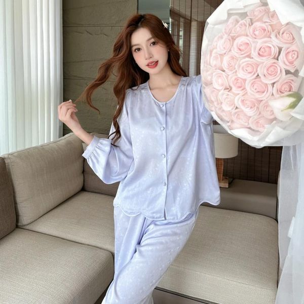 Accueil Vêtements Violet Imprimé Pyjamas Satin Femmes 2PCS Pyjamas Ensemble À Manches Longues Pantalon Printemps Lâche Homewear Doux Pijamas Costume Loungewear