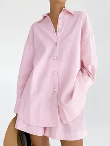 Accueil Vêtements Restve Vêtements amples pour femmes Ensembles 2 pièces Rose Pyjamas à manches longues Femme Costumes décontractés avec short 2024 Vêtements de nuit d'automne