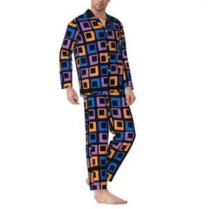 Vêtements à domicile Retro Square Print Pyjama Sets Automne Vintage chambre à coucher mâle mâle 2 pièces surdimension