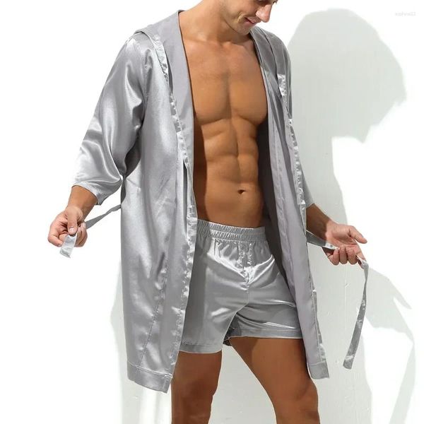 Accueil vêtements Robe maison ensemble shorts Satin soie Robe à capuche Robe vêtements de nuit pyjamas hommes peignoir nuit mâle chemise de nuit