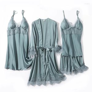 Accueil Vêtements Satin 4 pièces ensemble de sommeil pyjama costume femme pyjamas vêtements de nuit décontracté sexy lingerie intime vêtements dentelle kimono robe vêtements de nuit