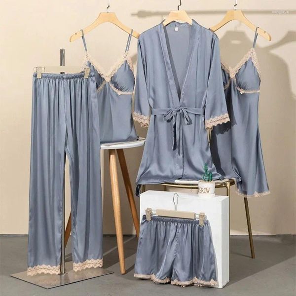 Accueil Vêtements Satin 5PCS Femmes Pyjamas Costume Vêtements De Nuit Robe En Fausse Soie Kimono Peignoir Robe Avec Coussinets De Poitrine 2023 Vêtements De Nuit Sexy PJS Ensemble